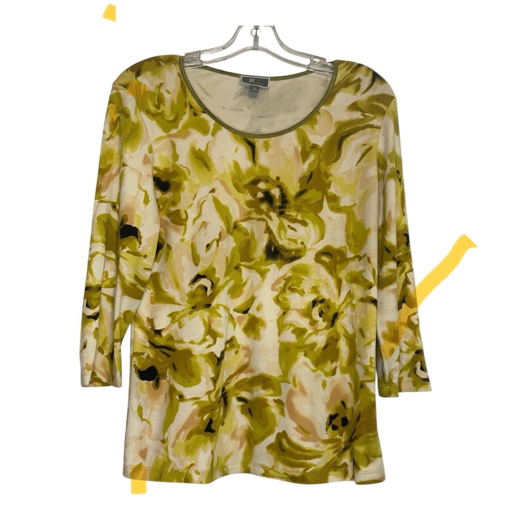 JM Collection Floral Top Women Green Chartreuse‎ 3/4 Sleeve Art to Wear Earthy M